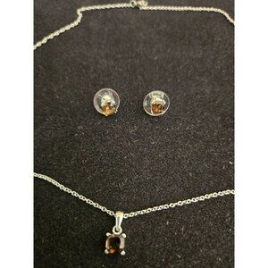 Sterling Silver 925 Necklace & Brown Gemstone Stud Earring Set